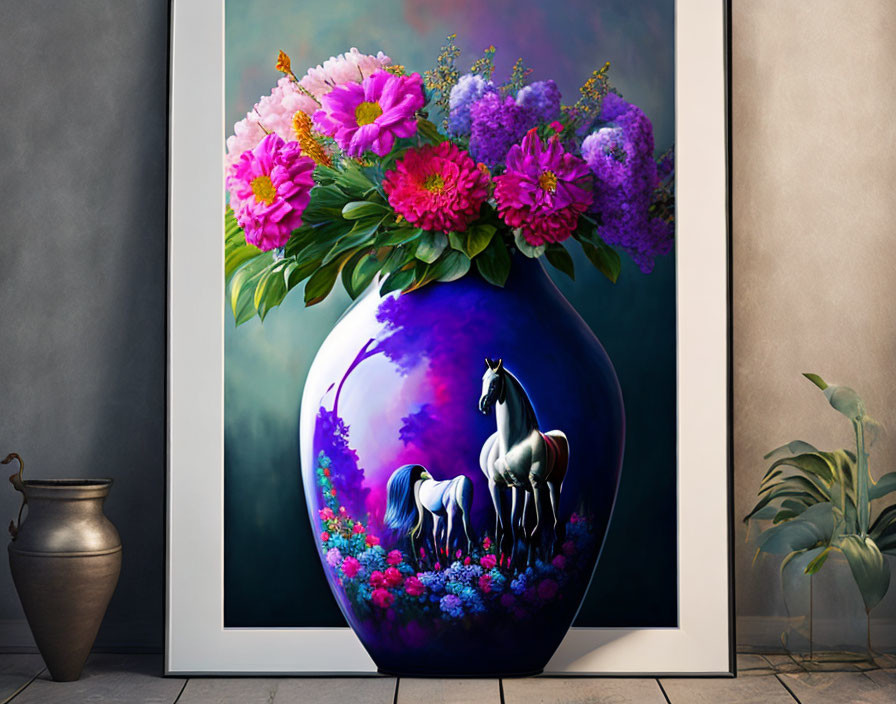 Colorful floral arrangement and unicorns in framed image with plant and pot by wall