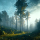 Ethereal forest scene with old house and towering tree