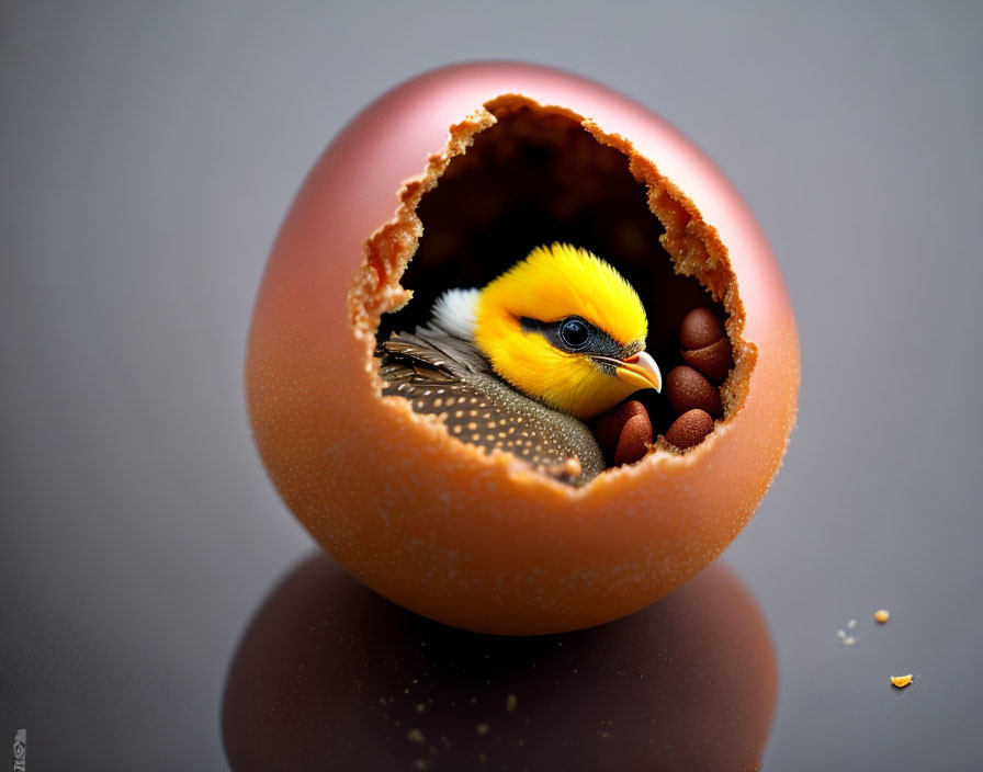 Colorful bird emerging from cracked chocolate egg with candy on dark surface