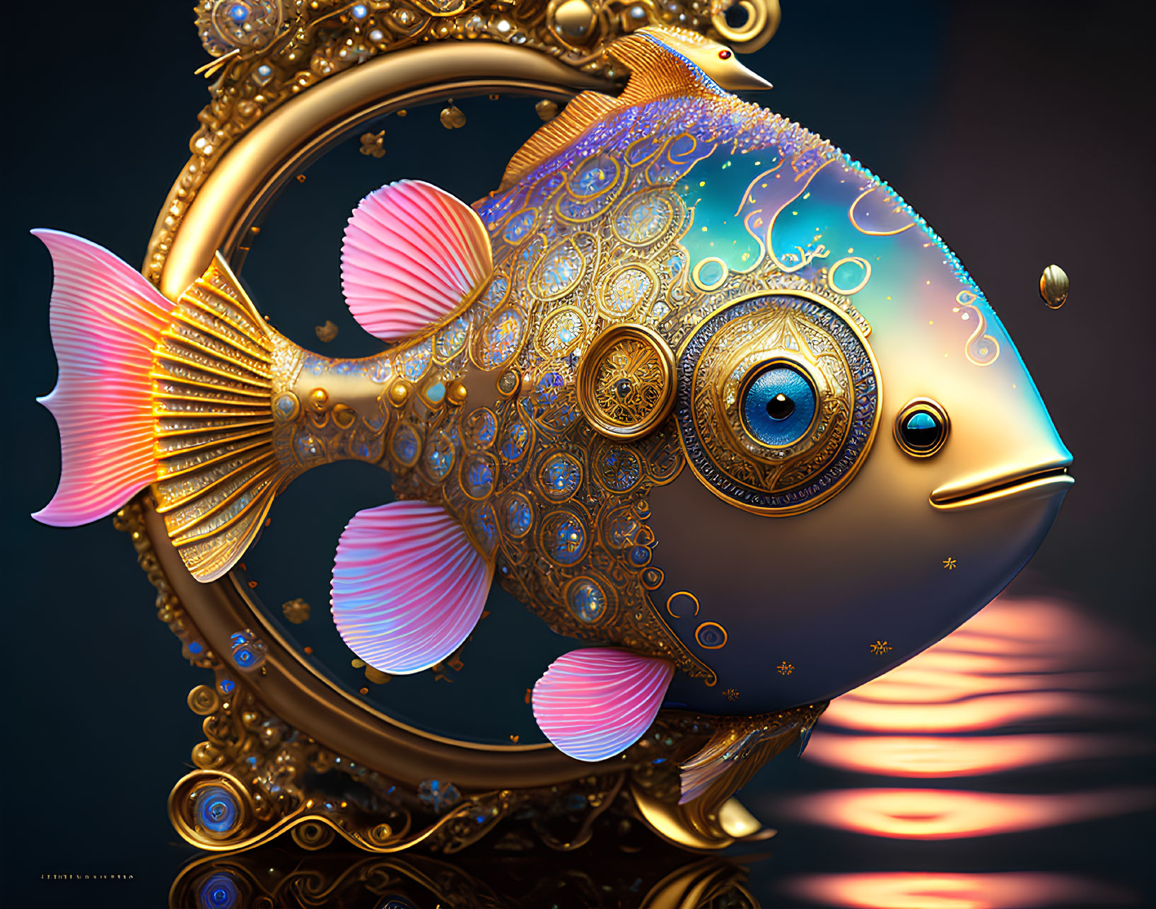 Stylized digital artwork of ornate fish with gold patterns