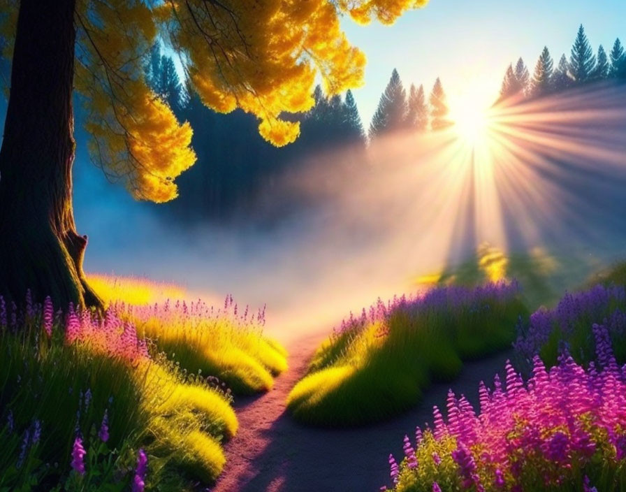 Scenic sunrise landscape with sunlight, misty path, purple flowers