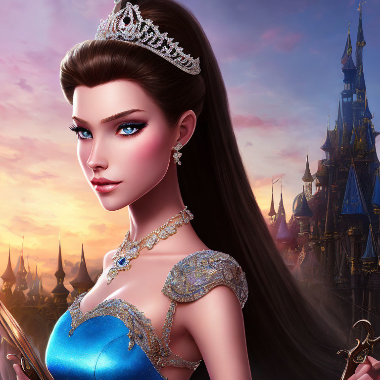 Animated princess with blue eyes in tiara and gown, fairytale castle at dusk