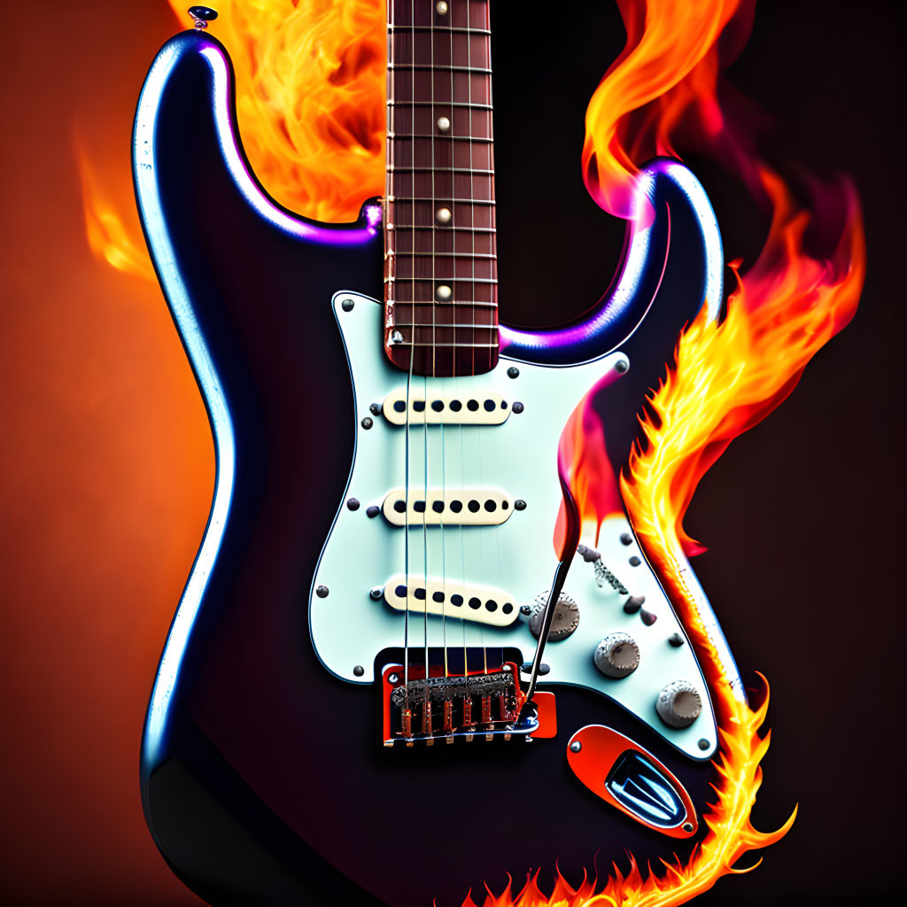 Flaming Electric Guitar on Dark Background with Blue Accents