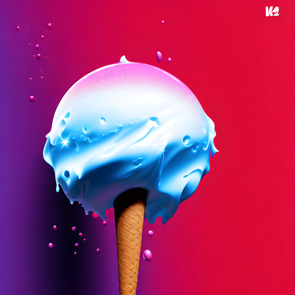 Single Scoop Ice Cream Cone on Pink and Purple Background with Melting Blue and White Glossy Co