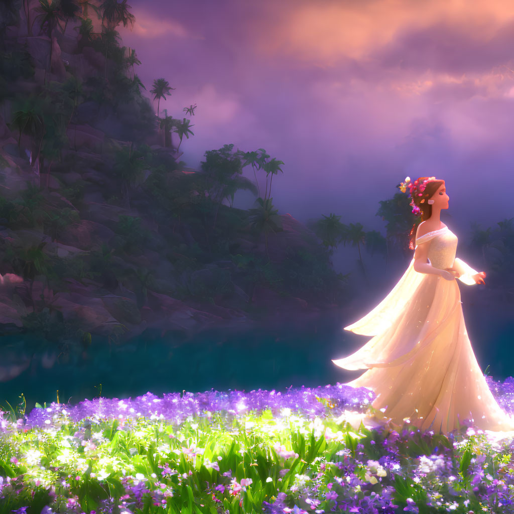 Princess Among Wildflowers at Twilight by Serene Lake