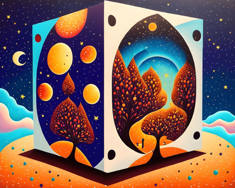 Surreal painting of cube with starry night sky and autumn trees.