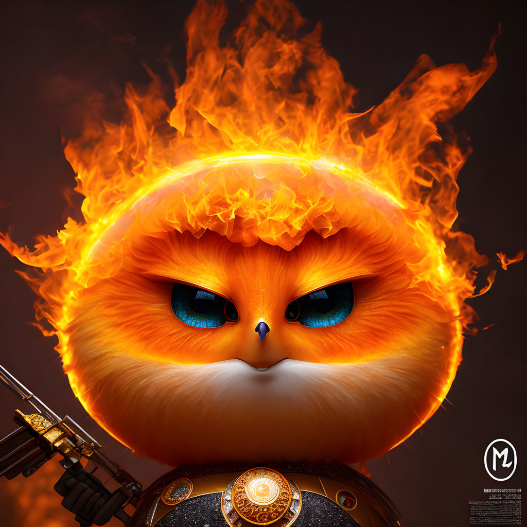 Stylized illustration of fierce orange owl with blue eyes and flames