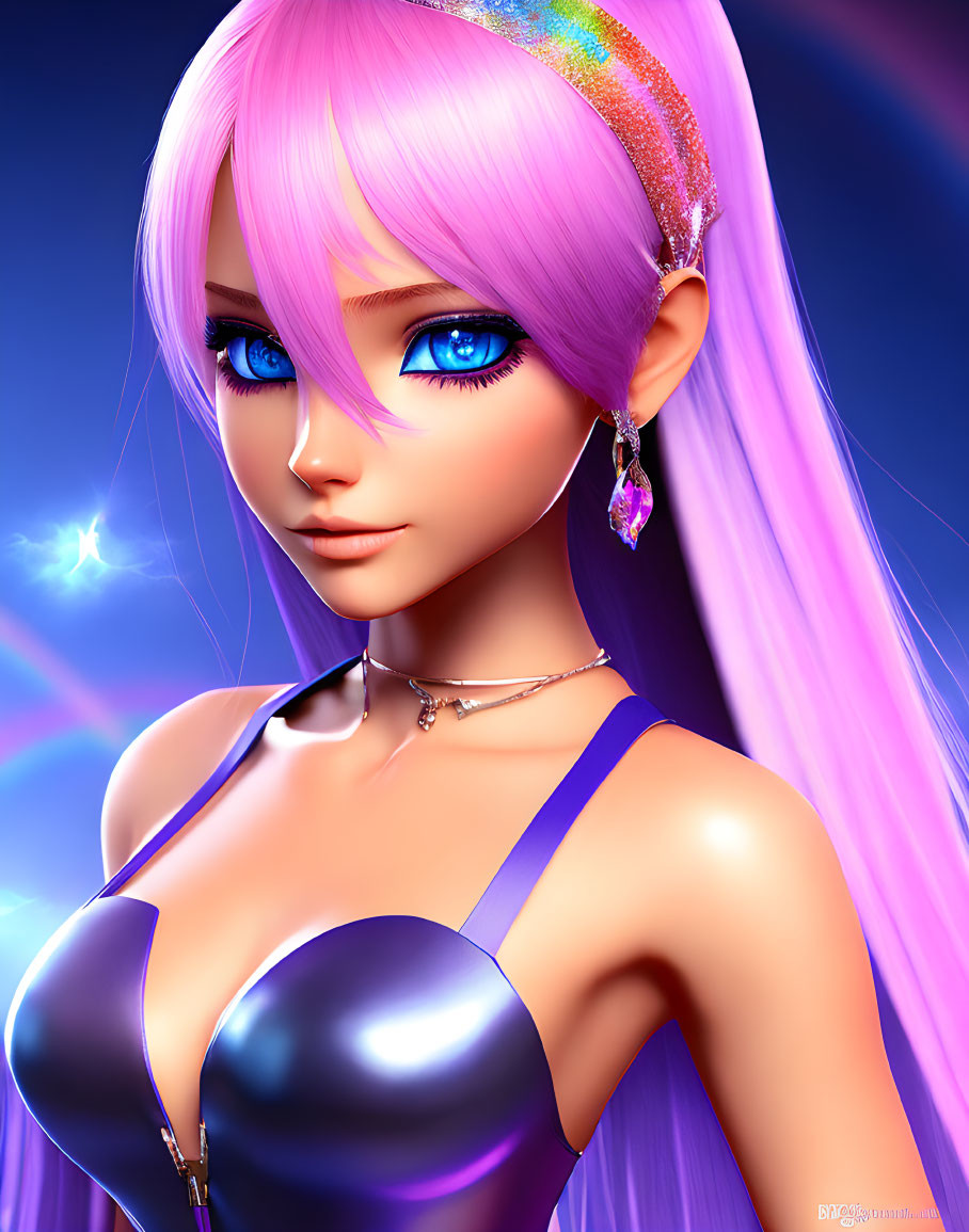 3D illustration of female character with pink hair and metallic purple outfit