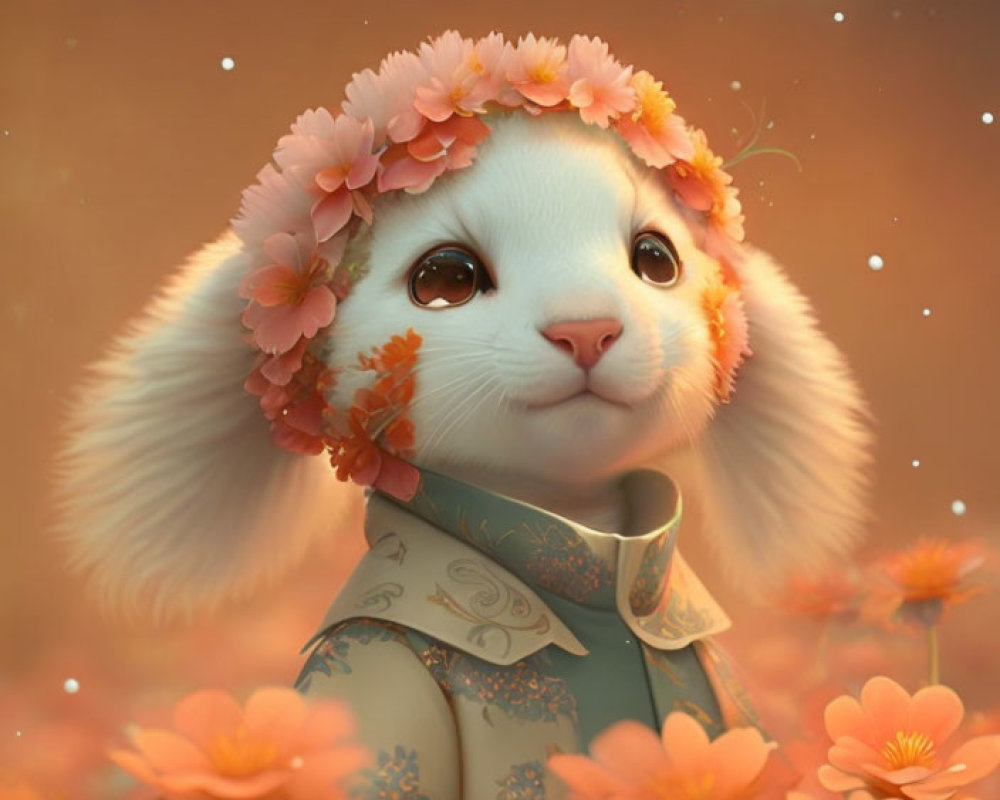 Whimsical illustration of cute kitten character with large ears and orange flowers.