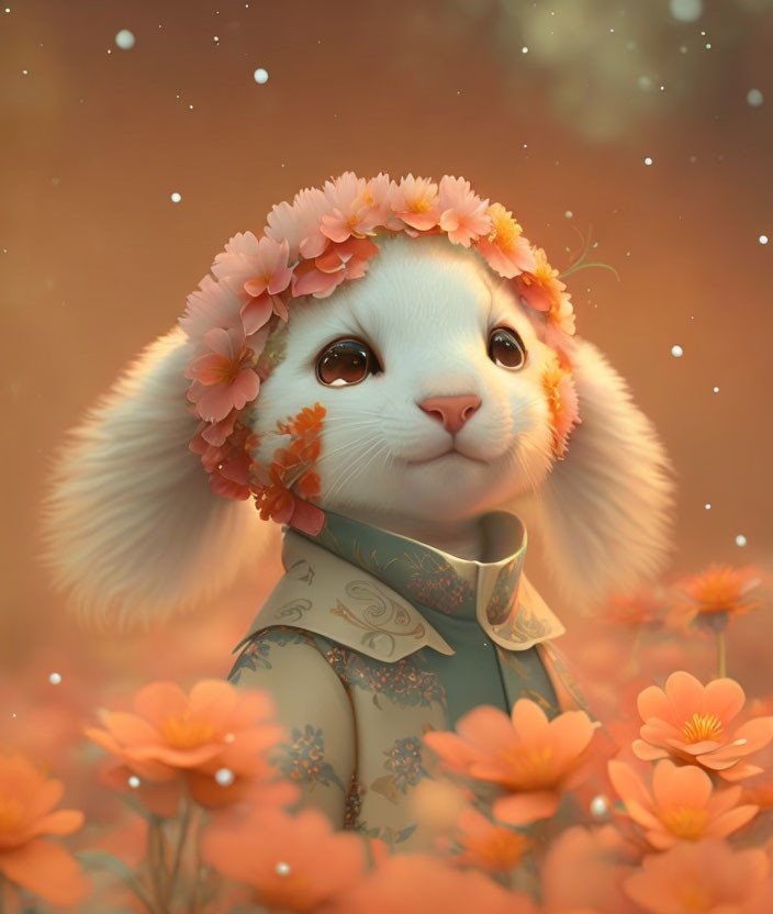 Whimsical illustration of cute kitten character with large ears and orange flowers.