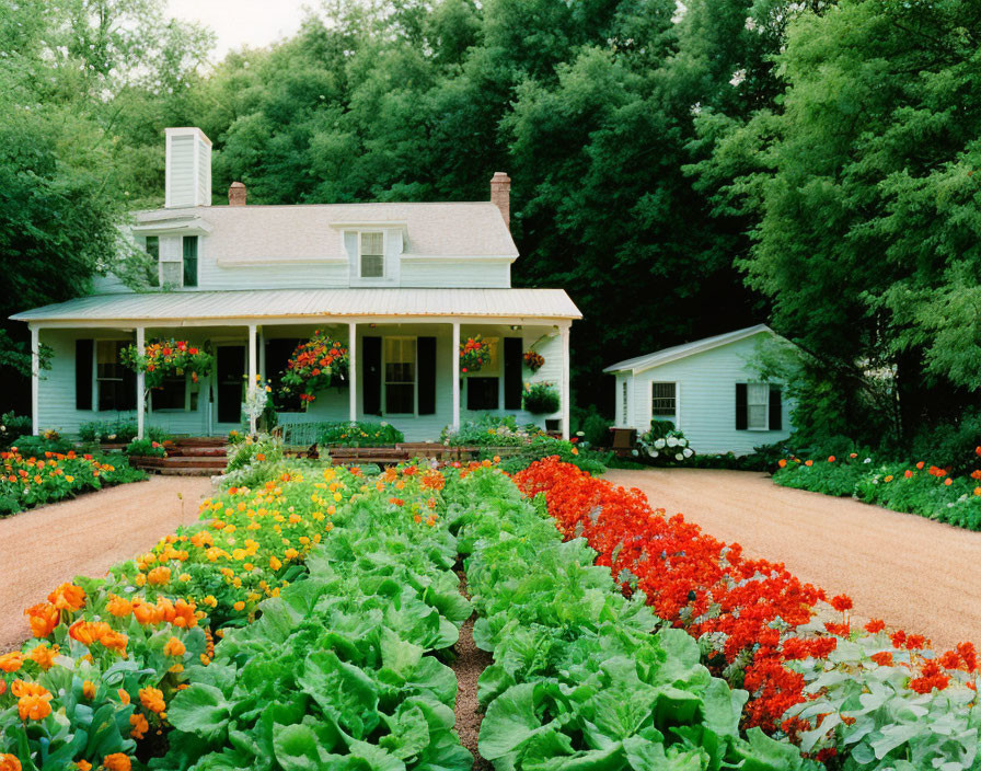 White House with Porch Surrounded by Garden and Orange Flowers