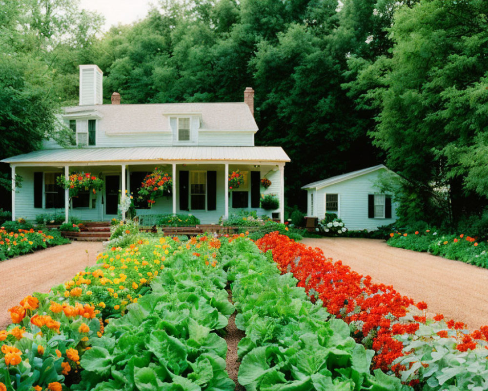 White House with Porch Surrounded by Garden and Orange Flowers