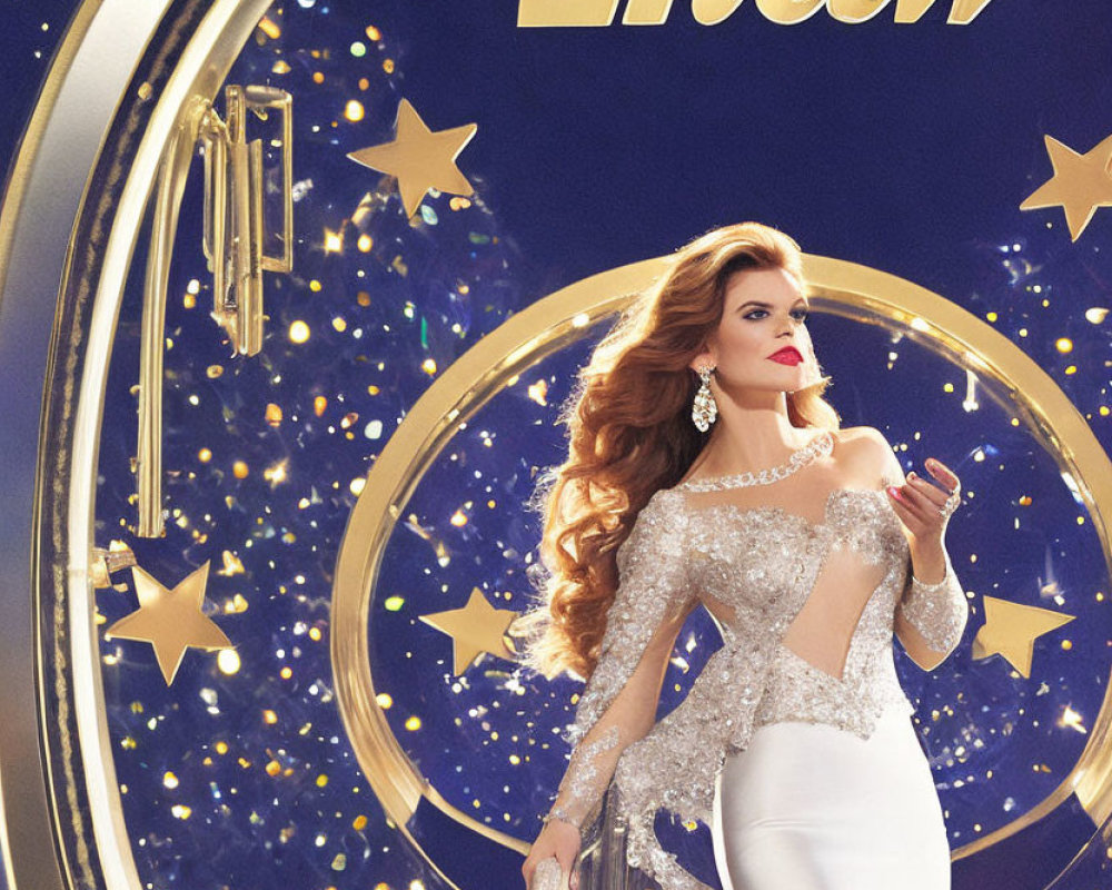 Elegant individual in white gown with fur shawl against clock-themed backdrop