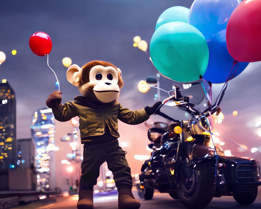 Stylized monkey character with balloons and motorcycle in city street at dusk