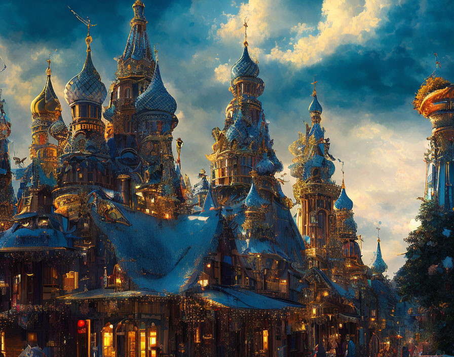 Ornate towers in fantastical cityscape at dusk