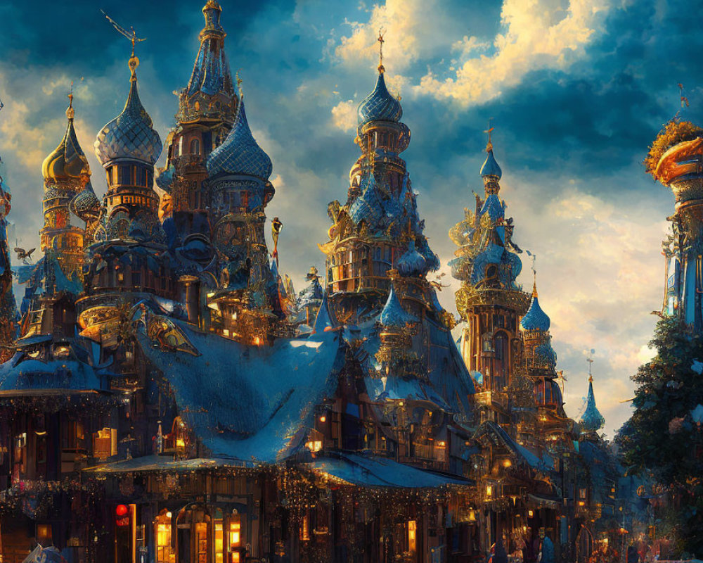 Ornate towers in fantastical cityscape at dusk