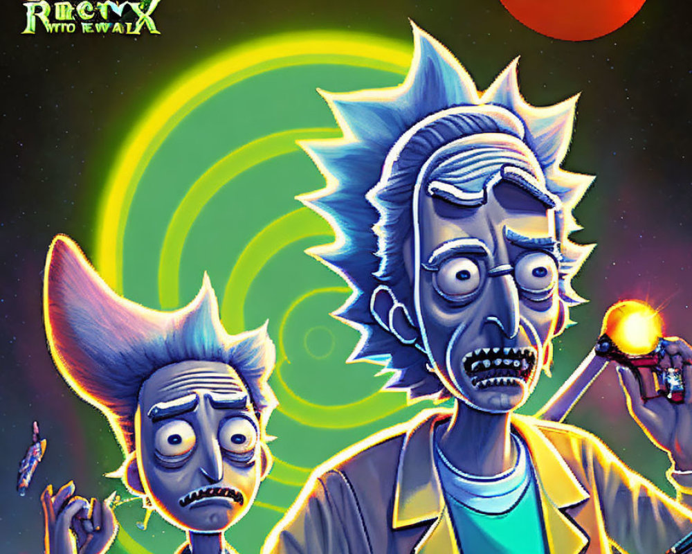 Mad scientist and companion in animated scene with green portal and celestial bodies