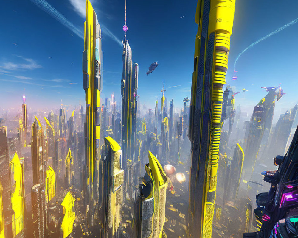 Futuristic cityscape with skyscrapers and flying vehicles