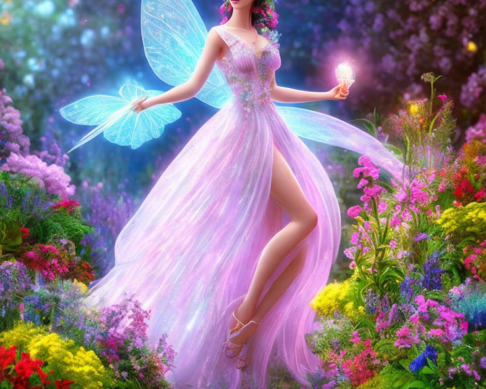 Digital artwork of fairy with translucent wings in floral garden