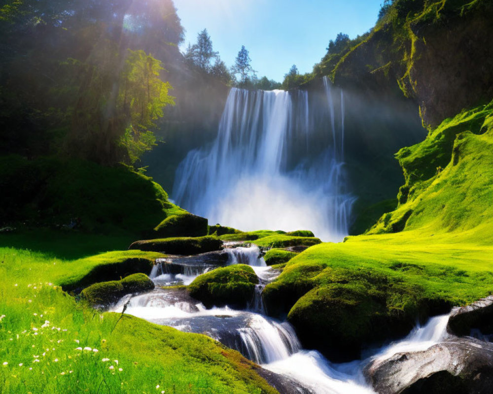 Majestic waterfall over rocky cliff in lush greenery