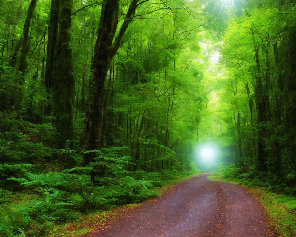 Lush Forest Scene with Sun-Dappled Path