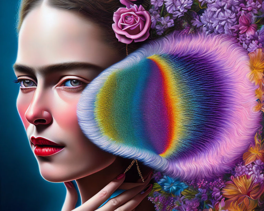 Surreal portrait of woman with flowers and colorful mushroom ear