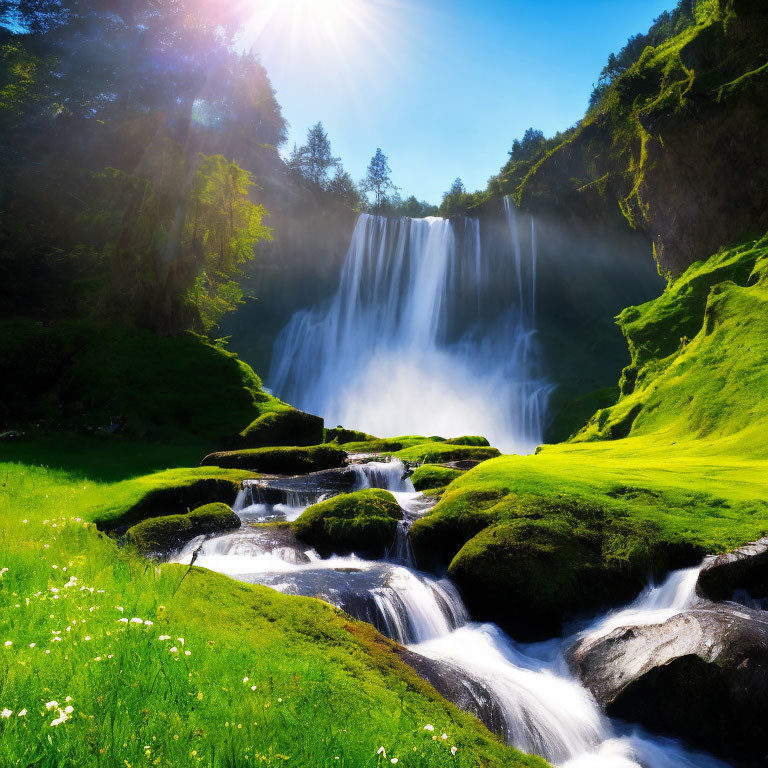 Majestic waterfall over rocky cliff in lush greenery