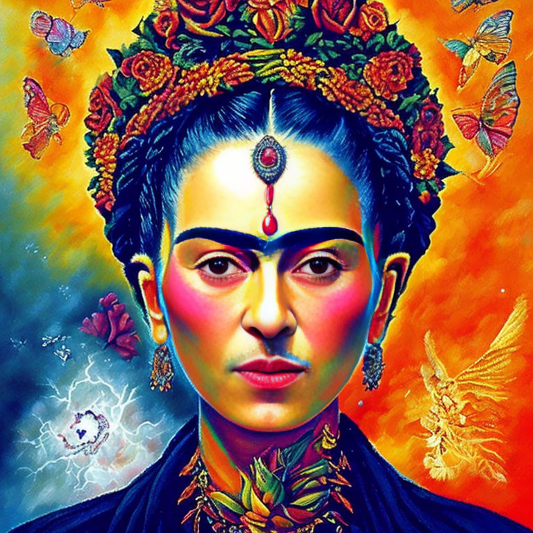 Colorful portrait with surreal elements: flower crown, intense gaze, bindi, gem, and butterflies