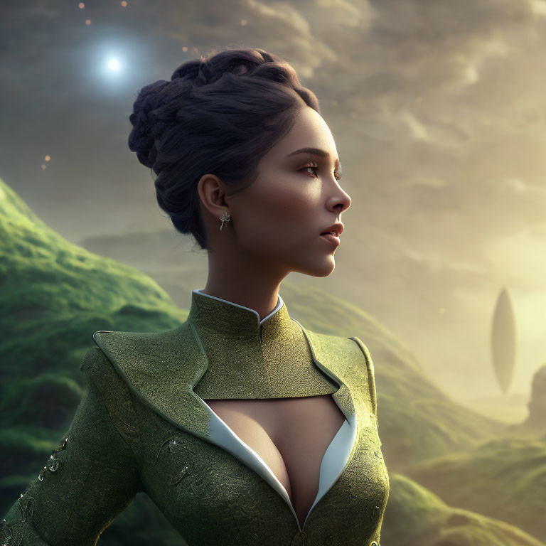 Digital artwork of woman with updo hairstyle in green jacket against fantasy landscape