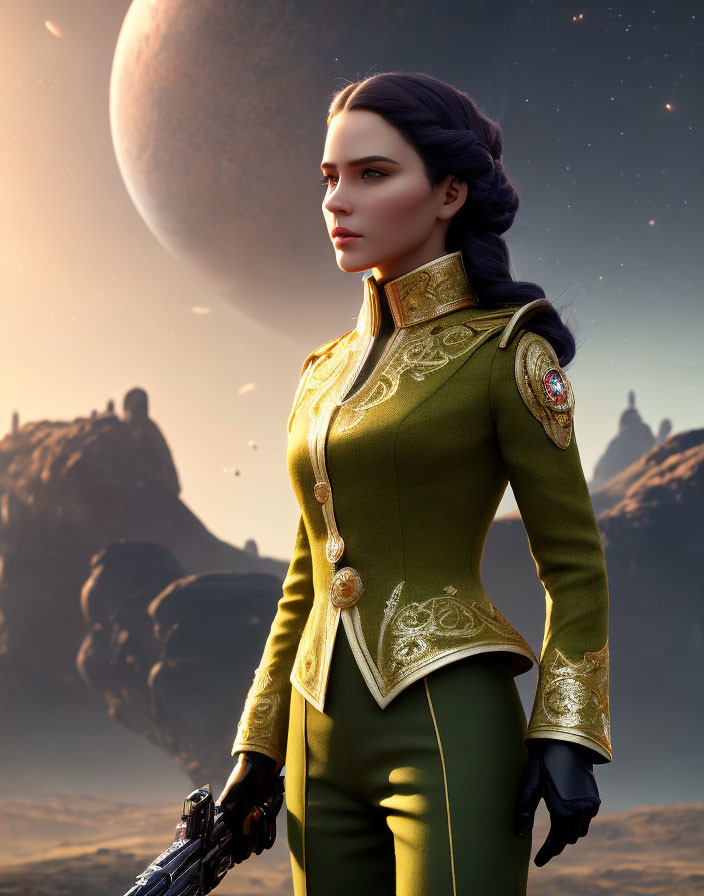 Digital artwork of woman in green military uniform with blaster on rocky planet