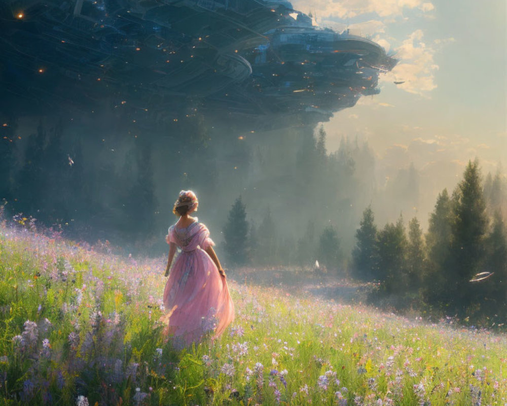 Woman in pink dress gazes at futuristic spaceship in vibrant meadow