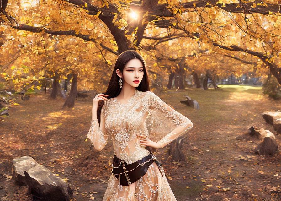 Woman in Elegant Lace Dress Under Golden Autumn Trees with Sunlight