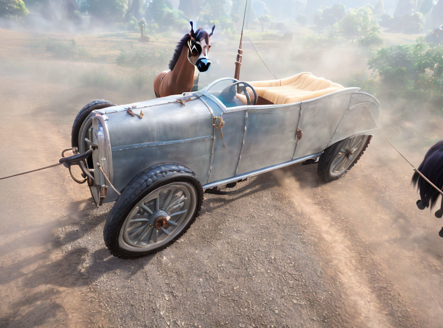 Vintage horse-drawn carriage with convertible car design and horse in goggles on dusty road