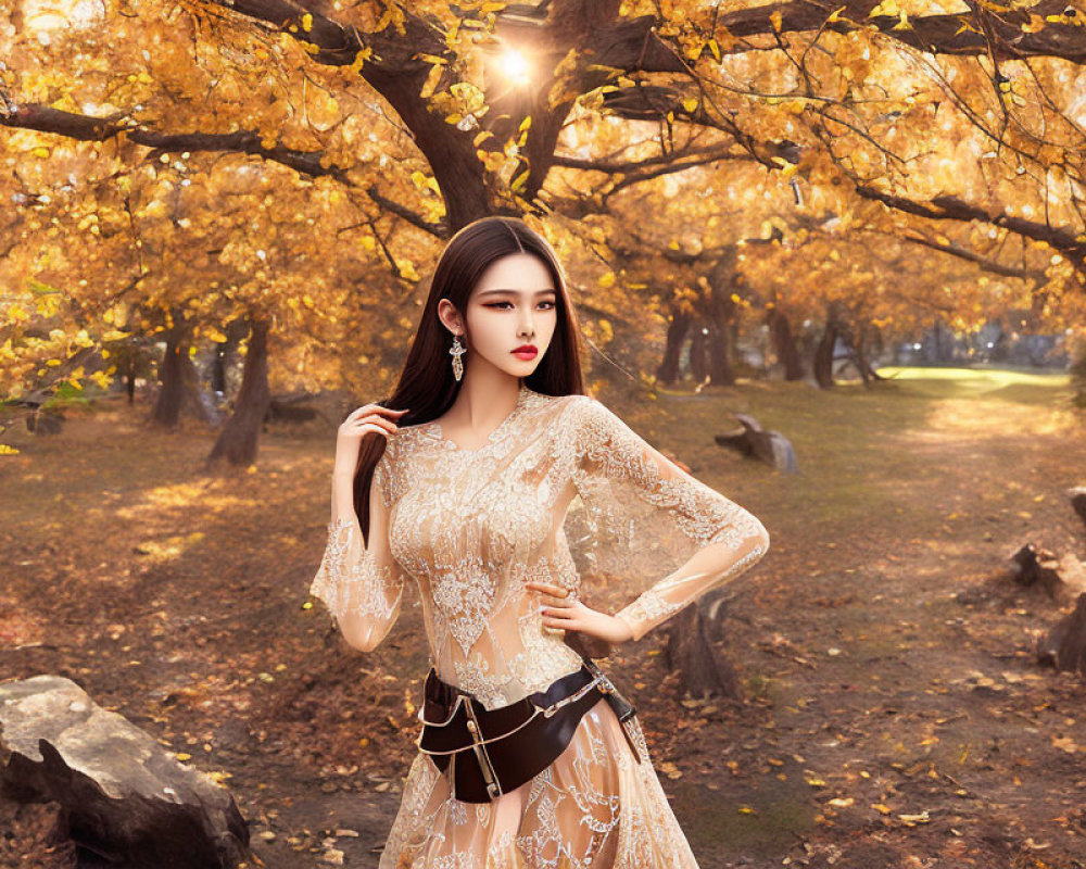 Woman in Elegant Lace Dress Under Golden Autumn Trees with Sunlight