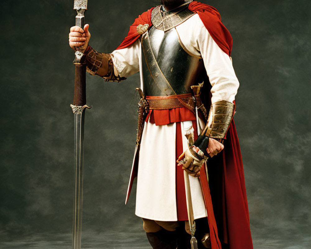 Medieval knight in armor with sword and red cape on grey background