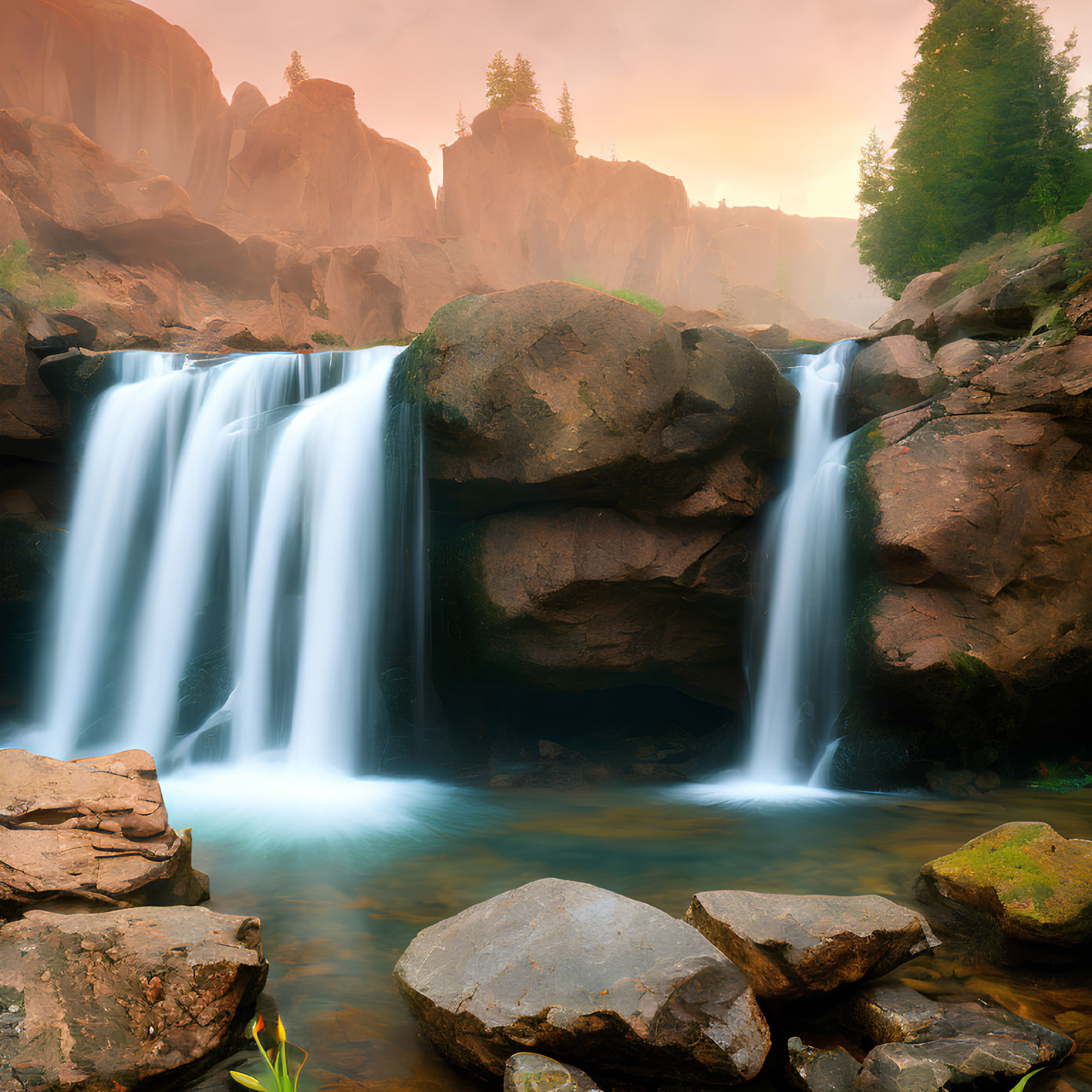 Tranquil Waterfall Scene with Mossy Rocks and Sunrise