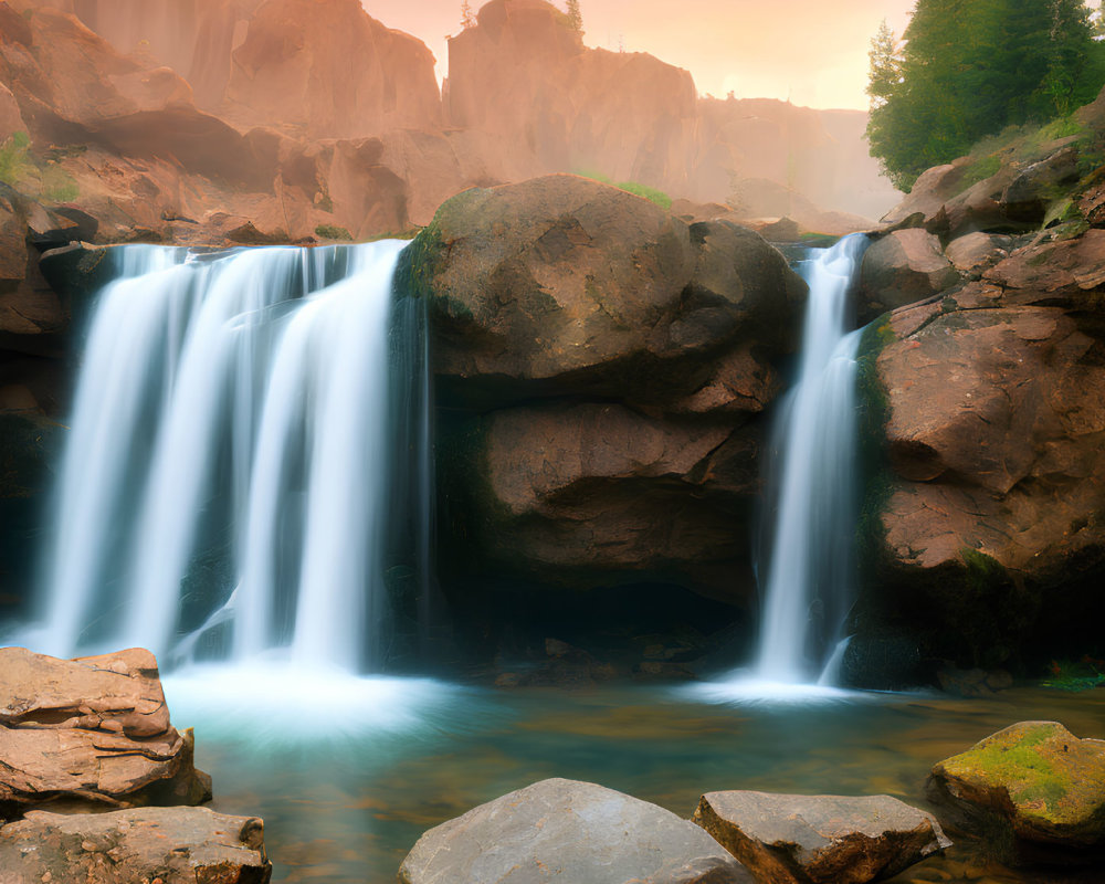 Tranquil Waterfall Scene with Mossy Rocks and Sunrise