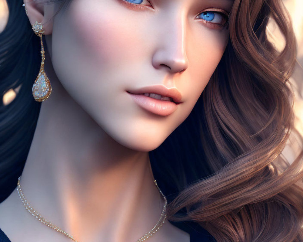 Woman portrait: Blue eyes, wavy brown hair, gold earrings & necklace