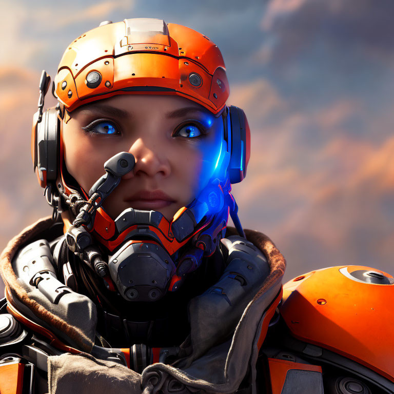 Close-up of person in futuristic orange helmet with illuminated blue visor against cloudy sky