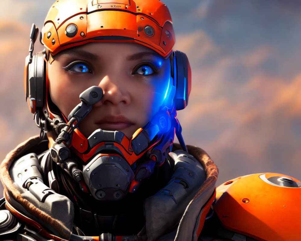 Close-up of person in futuristic orange helmet with illuminated blue visor against cloudy sky