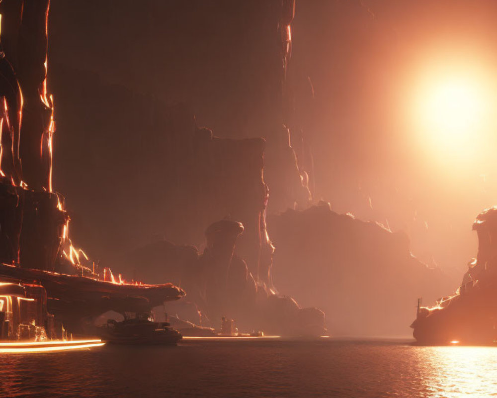 Majestic rocky cliffs, lava streams, and glowing structures in serene landscape