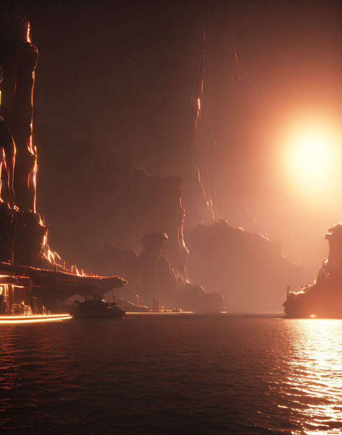 Majestic rocky cliffs, lava streams, and glowing structures in serene landscape