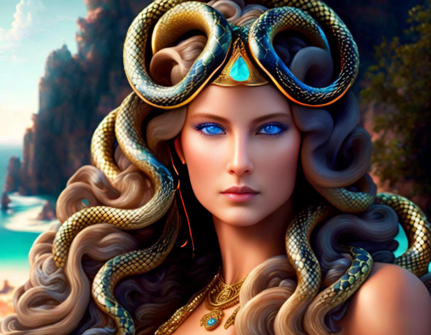 Digital Art: Woman with Serpentine Hair and Blue Eyes, Inspired by Medusa Myth