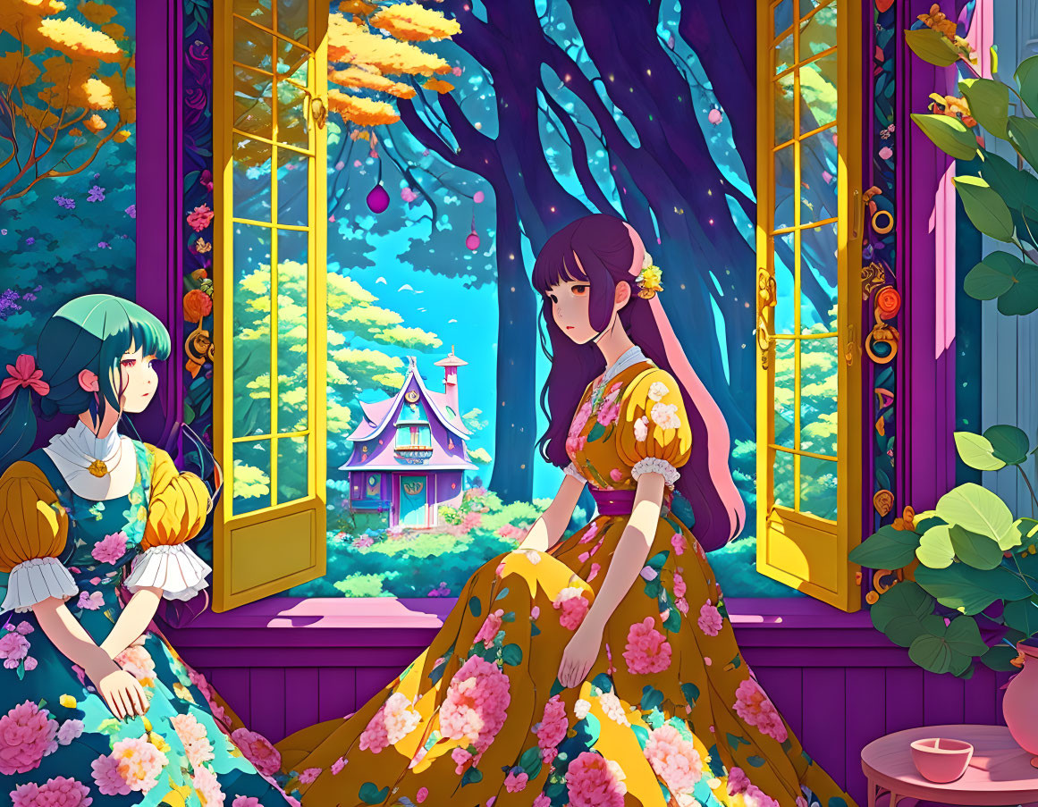 Vibrant room with animated girls by open window overlooking colorful garden