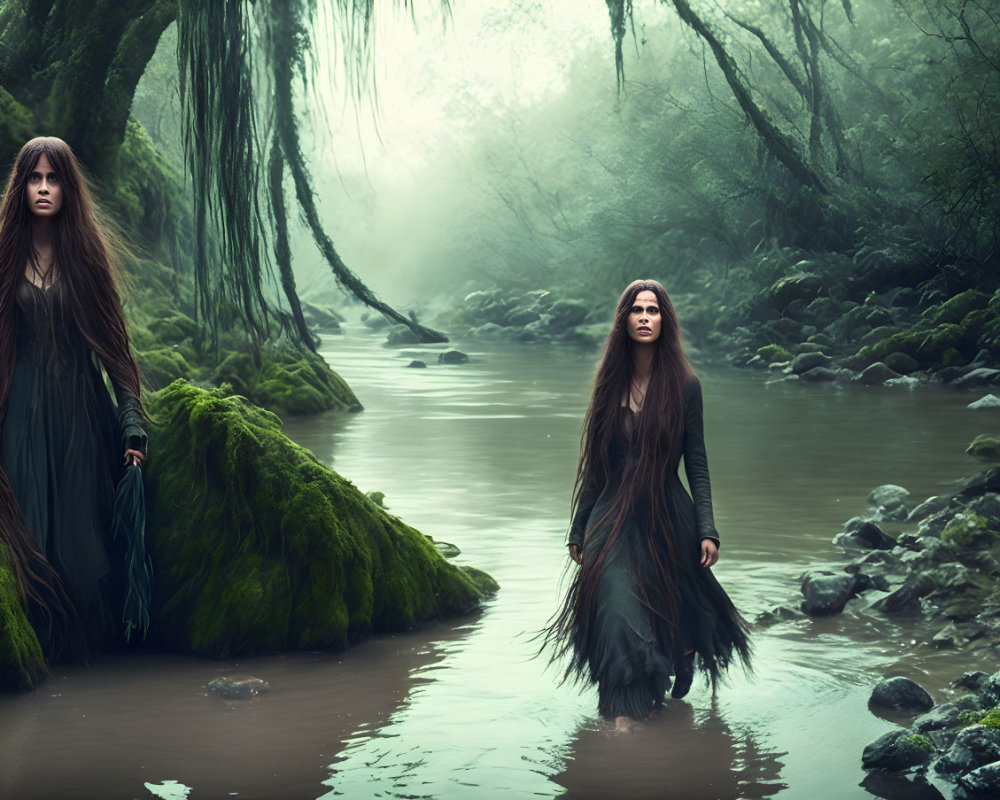 Two Women in Black Dresses in Misty Forest with Stream and Moss-covered Rocks