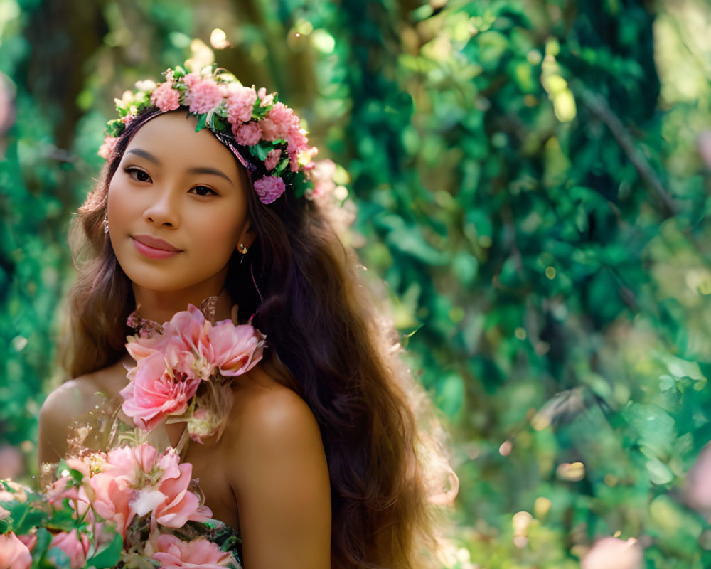 Woman with floral crown and bouquet in sunlit forest exudes serene aura