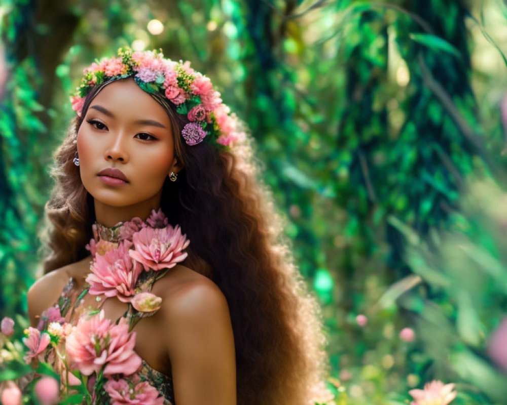 Woman in Floral Crown Surrounded by Pink Blooms and Greenery