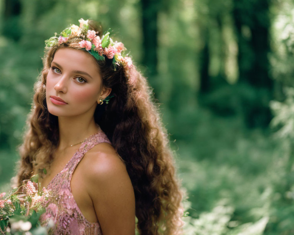 Curly-haired woman in floral crown and pink dress in lush green forest