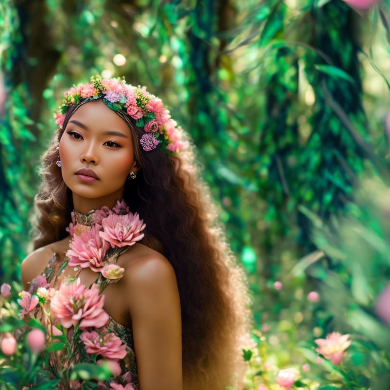 Woman in Floral Crown Surrounded by Pink Blooms and Greenery