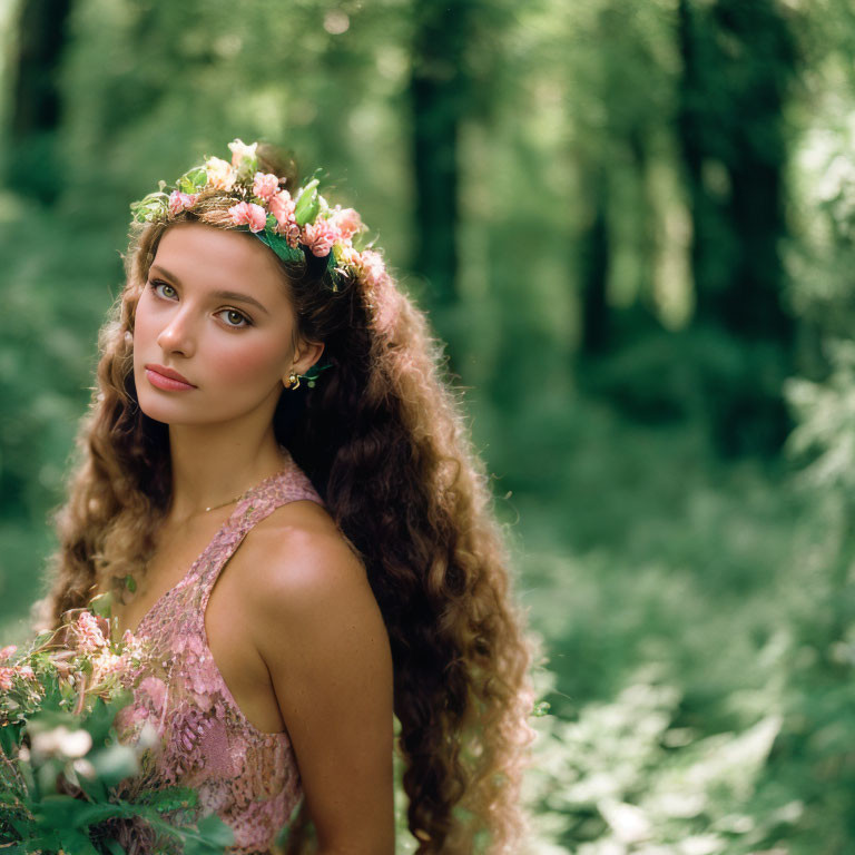 Curly-haired woman in floral crown and pink dress in lush green forest